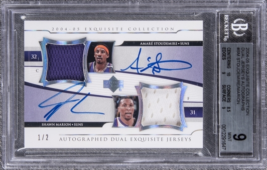 2004-05 UD "Exquisite Collection" Dual Jerseys Autographs #SM Amare Stoudamire/Shawn Marion Dual Signed Game Used Patch Card (#1/2) – BGS MINT 9/BGS 9